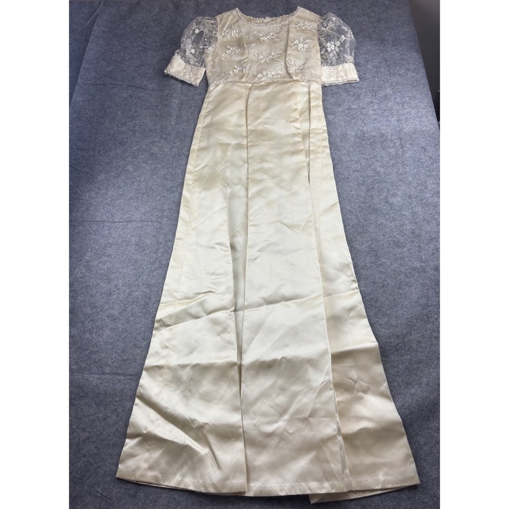 VTG 60s Wedding Dress Lace Short Puff Sleeves Satin A Line Bridal Gown Women 2?